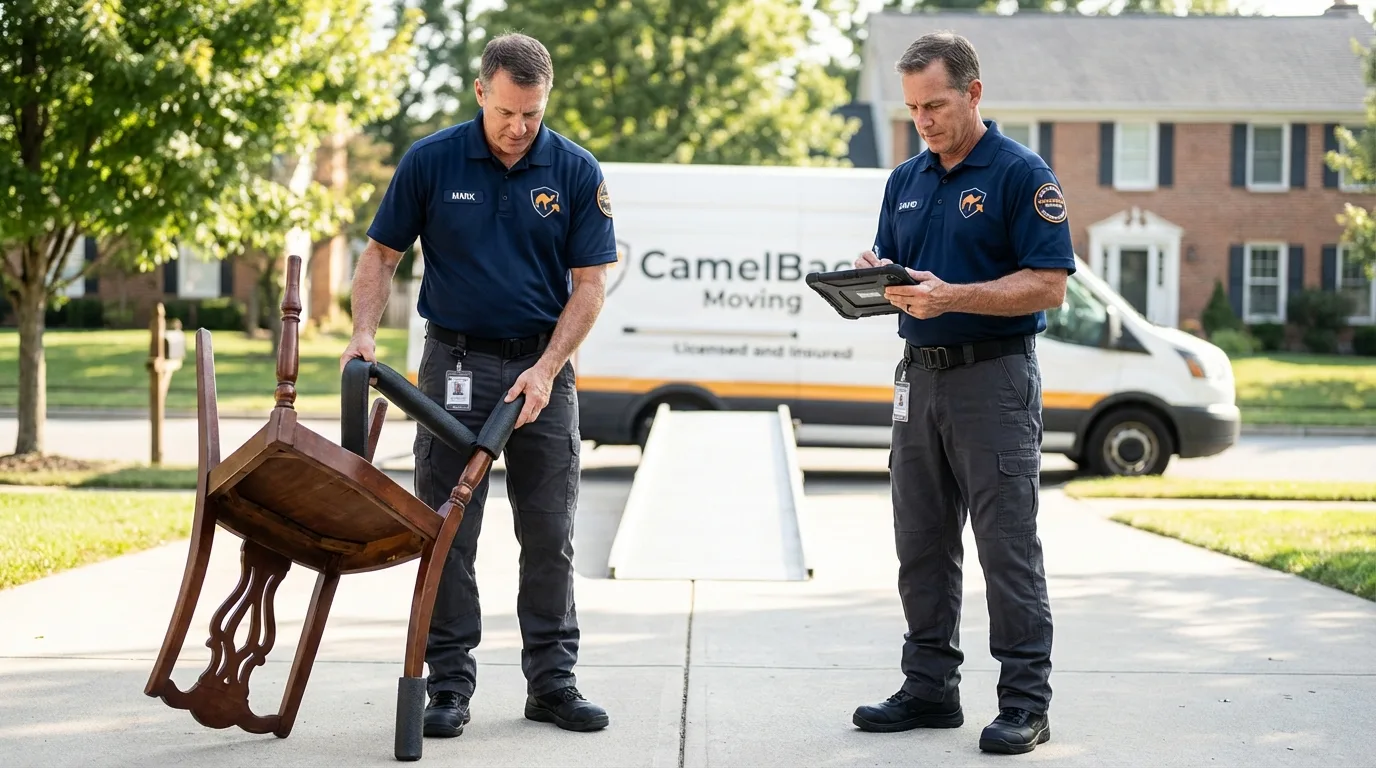 Movers inspecting furniture for damage prevention before loading in Clearfield, UT